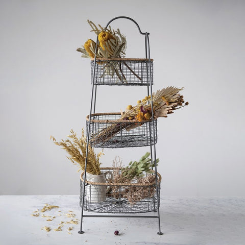 Metal & Rattan 3 Tier Basket Stand
