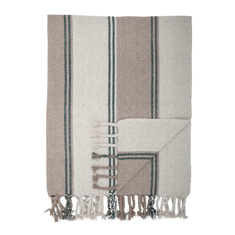Striped woven throw with fringe.